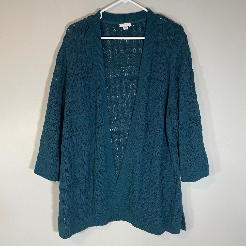 J. Jill Dark Teal Pointelle Knit Open Front Cardigan 2X Cotton Blend 3/4 Sleeve